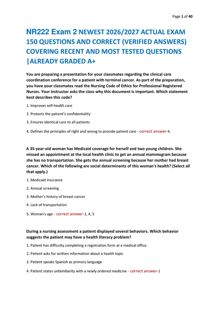 Preview of NR222 Exam 2 NEWEST 2026/2027 ACTUAL EXAM  150 QUESTIONS AND CORRECT (VERIFIED ANSWERS)  COVERING RECENT AND MOST TESTED