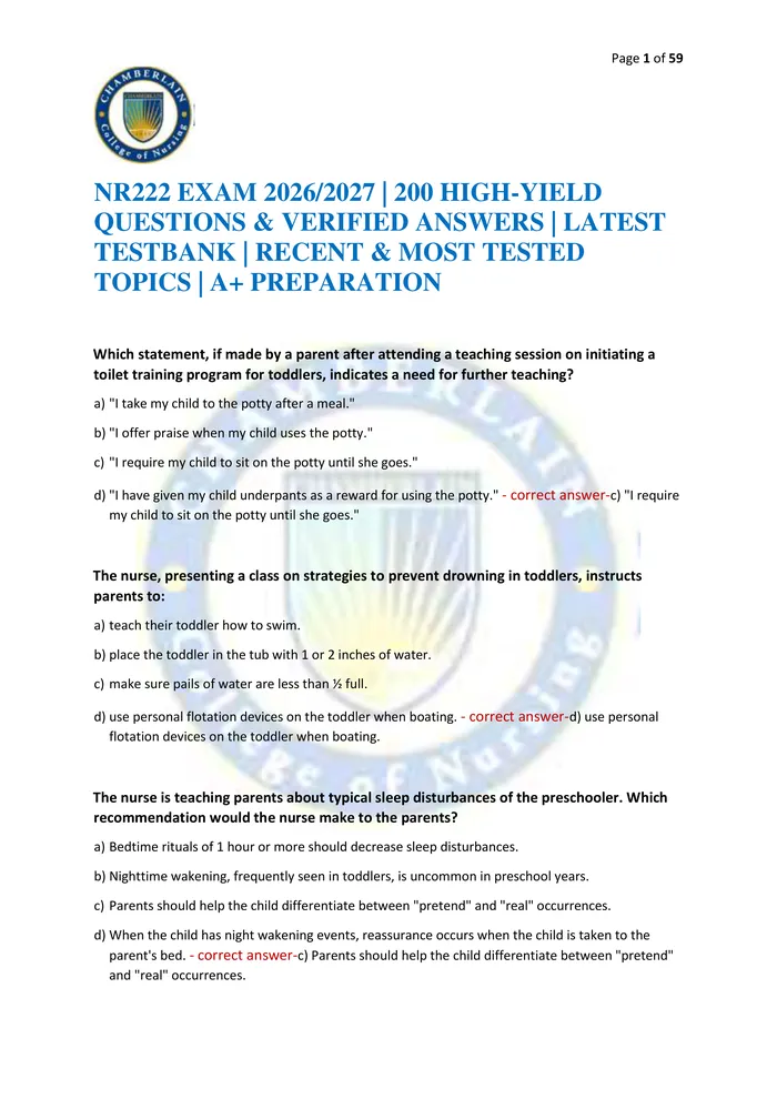 Preview of NR222 EXAM 2026/2027 | 200 HIGH-YIELD QUESTIONS & VERIFIED ANSWERS | LATEST TESTBANK | RECENT & MOST TESTED TOPICS | A+