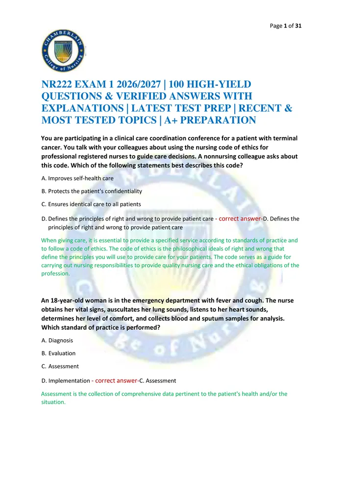 Preview of NR222 EXAM 1 2026/2027 | 100 HIGH-YIELD QUESTIONS & VERIFIED ANSWERS WITH EXPLANATIONS | LATEST TEST PREP | RECENT & MOS