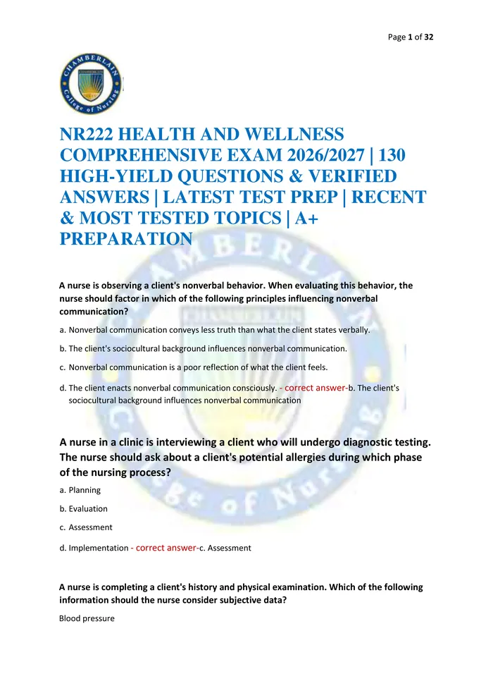 Preview of NR222 HEALTH AND WELLNESS COMPREHENSIVE EXAM 2026/2027 | 130 HIGH-YIELD QUESTIONS & VERIFIED ANSWERS | LATEST TEST PREP