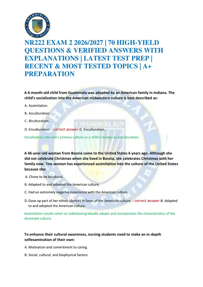 Preview of NR222 EXAM 2 2026/2027 | 70 HIGH-YIELD QUESTIONS & VERIFIED ANSWERS WITH EXPLANATIONS | LATEST TEST PREP | RECENT & MOST