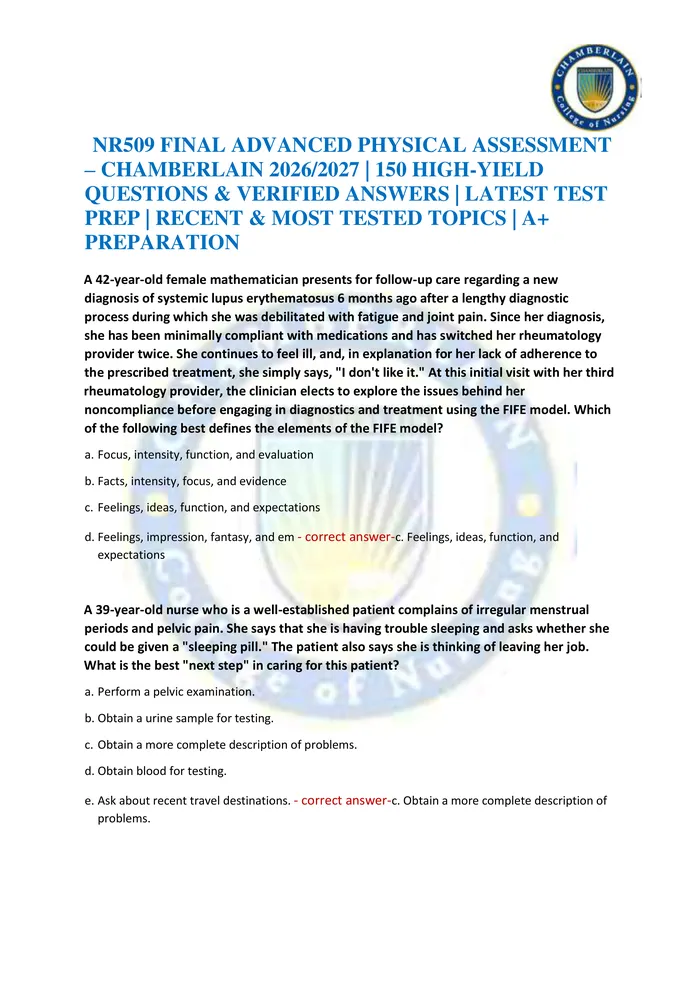 Preview of NR509 FINAL ADVANCED PHYSICAL ASSESSMENT – CHAMBERLAIN 2026/2027 | 150 HIGH-YIELD QUESTIONS & VERIFIED ANSWERS | LATEST