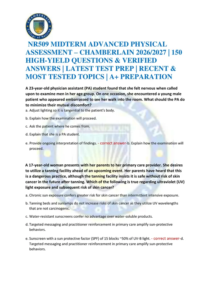 Preview of NR509 MIDTERM ADVANCED PHYSICAL ASSESSMENT – CHAMBERLAIN 2026/2027 | 150 HIGH-YIELD QUESTIONS & VERIFIED ANSWERS | LATES