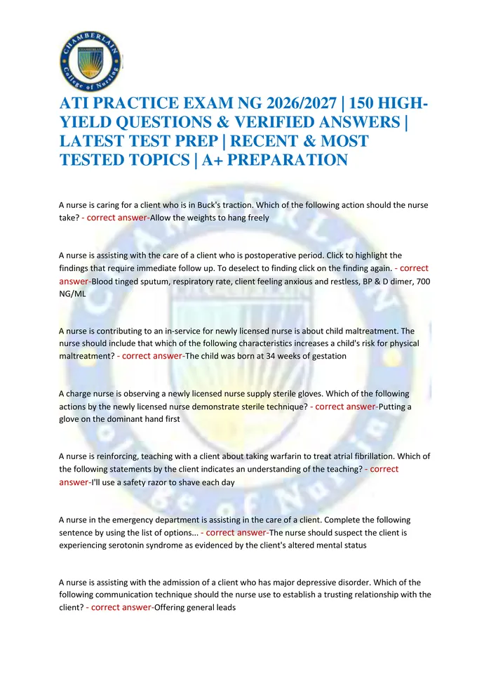 Preview of ATI PRACTICE EXAM NG 2026/2027 | 150 HIGH-YIELD QUESTIONS & VERIFIED ANSWERS | LATEST TEST PREP | RECENT & MOST TESTED T