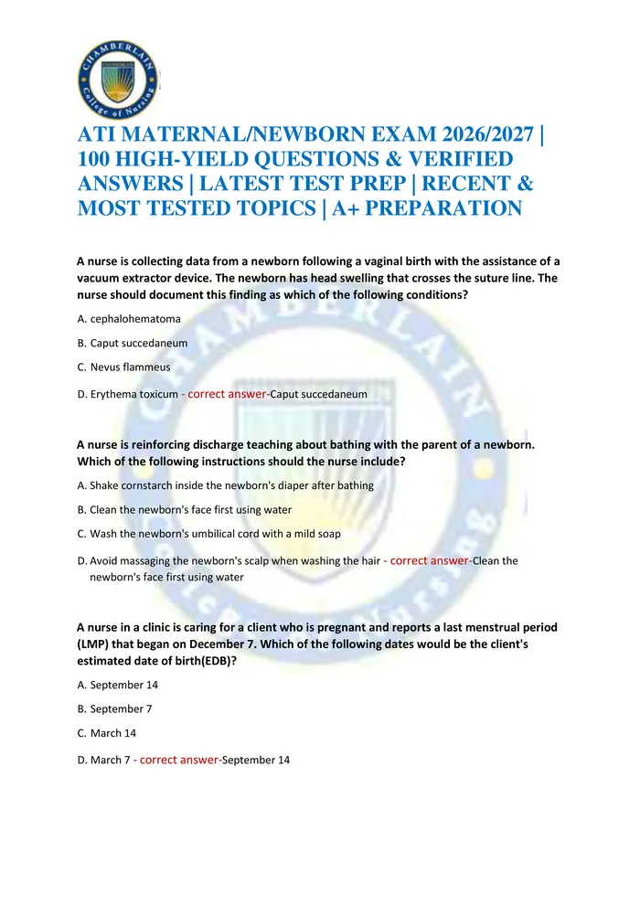 Preview of ATI MATERNAL/NEWBORN EXAM 2026/2027 | 100 HIGH-YIELD QUESTIONS & VERIFIED ANSWERS | LATEST TEST PREP | RECENT & MOST TES