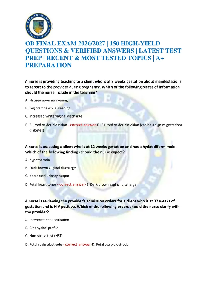 Preview of OB FINAL EXAM 2026/2027 | 150 HIGH-YIELD QUESTIONS & VERIFIED ANSWERS | LATEST TEST PREP | RECENT & MOST TESTED TOPICS |