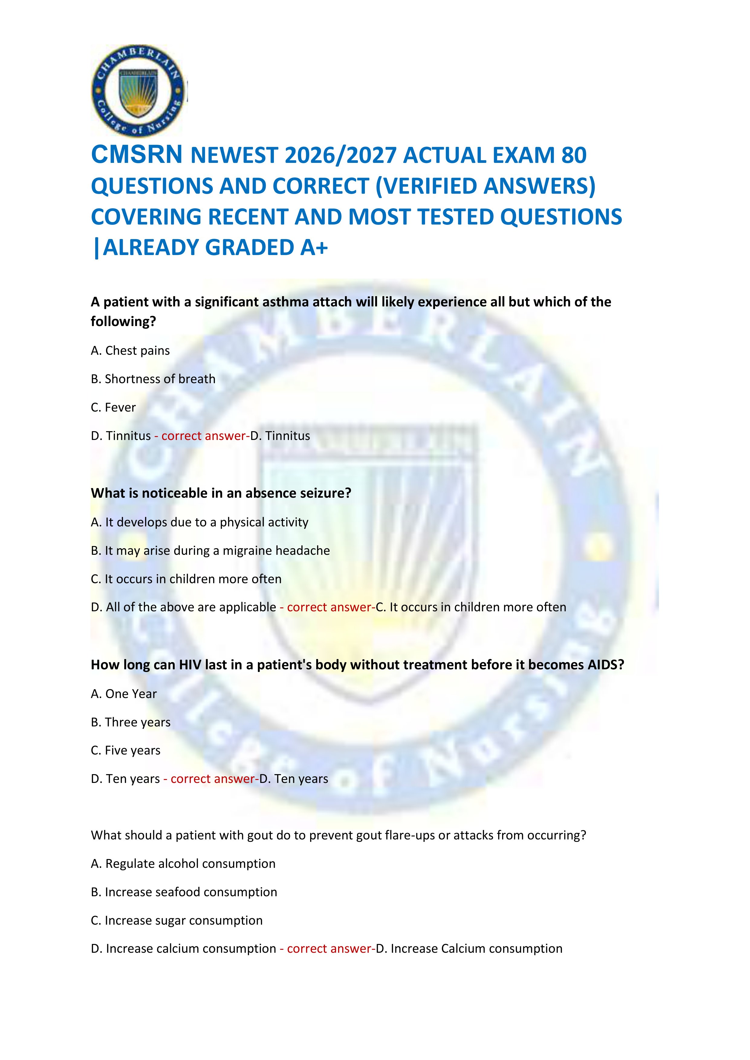 Preview of CMSRN NEWEST 2026/2027 ACTUAL EXAM 80  QUESTIONS AND CORRECT (VERIFIED ANSWERS)  COVERING RECENT AND MOST TESTED QUESTIO