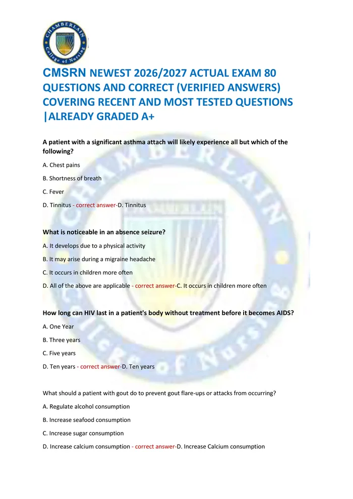 Preview of CMSRN NEWEST 2026/2027 ACTUAL EXAM 80  QUESTIONS AND CORRECT (VERIFIED ANSWERS)  COVERING RECENT AND MOST TESTED QUESTIO