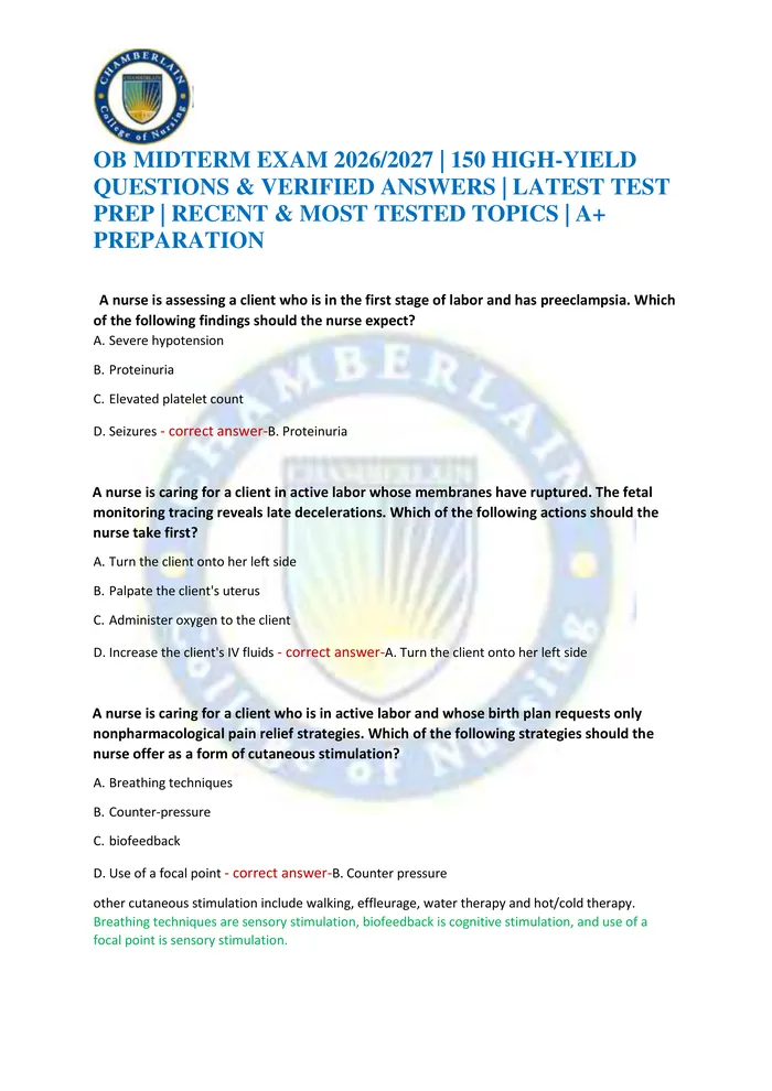 Preview of OB MIDTERM EXAM 2026/2027 | 150 HIGH-YIELD QUESTIONS & VERIFIED ANSWERS | LATEST TEST PREP | RECENT & MOST TESTED TOPICS
