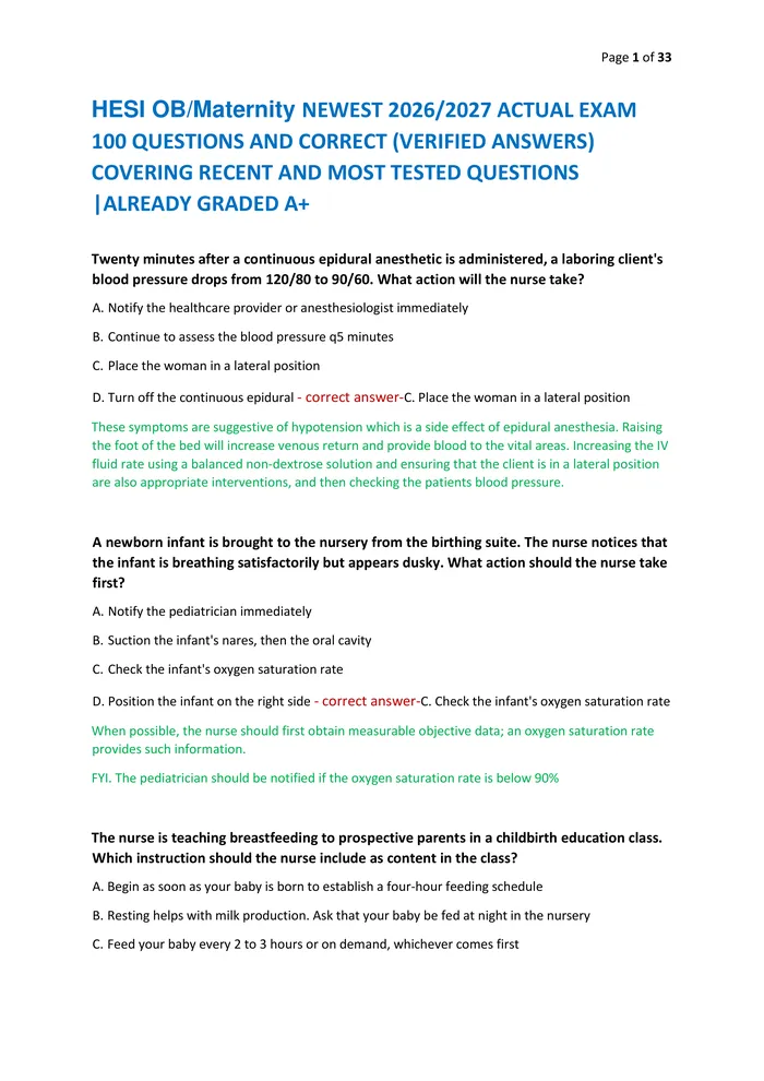 Preview of HESI OB/Maternity NEWEST 2026/2027 ACTUAL EXAM  100 QUESTIONS AND CORRECT (VERIFIED ANSWERS)  COVERING RECENT AND MOST T