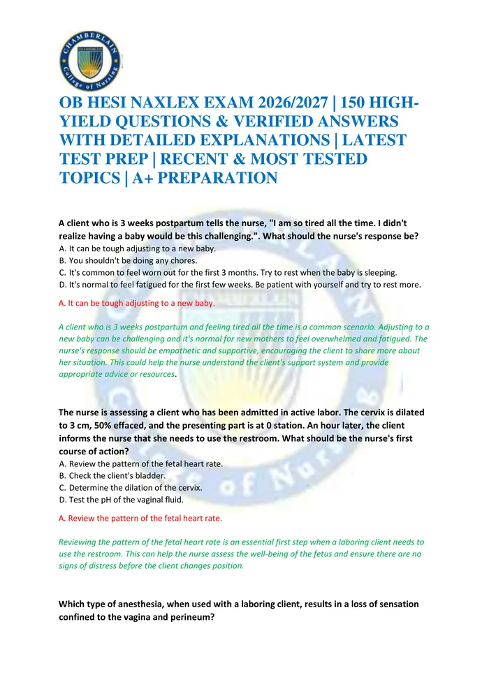 Preview of OB HESI NAXLEX EXAM 2026/2027 | 150 HIGH-YIELD QUESTIONS & VERIFIED ANSWERS WITH DETAILED EXPLANATIONS | LATEST TEST PRE