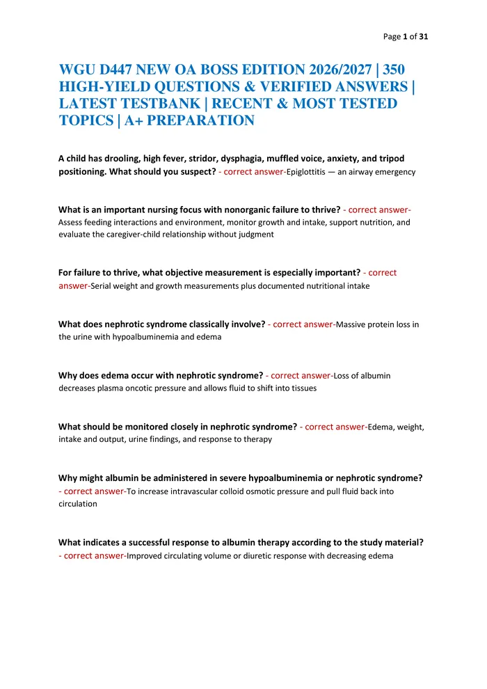 Preview of WGU D447 NEW OA BOSS EDITION 2026/2027 | 350 HIGH-YIELD QUESTIONS & VERIFIED ANSWERS | LATEST TESTBANK | RECENT & MOST T