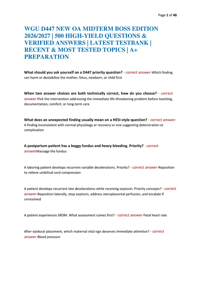 Preview of WGU D447 NEW OA MIDTERM BOSS EDITION 2026/2027 | 500 HIGH-YIELD QUESTIONS & VERIFIED ANSWERS | LATEST TESTBANK | RECENT