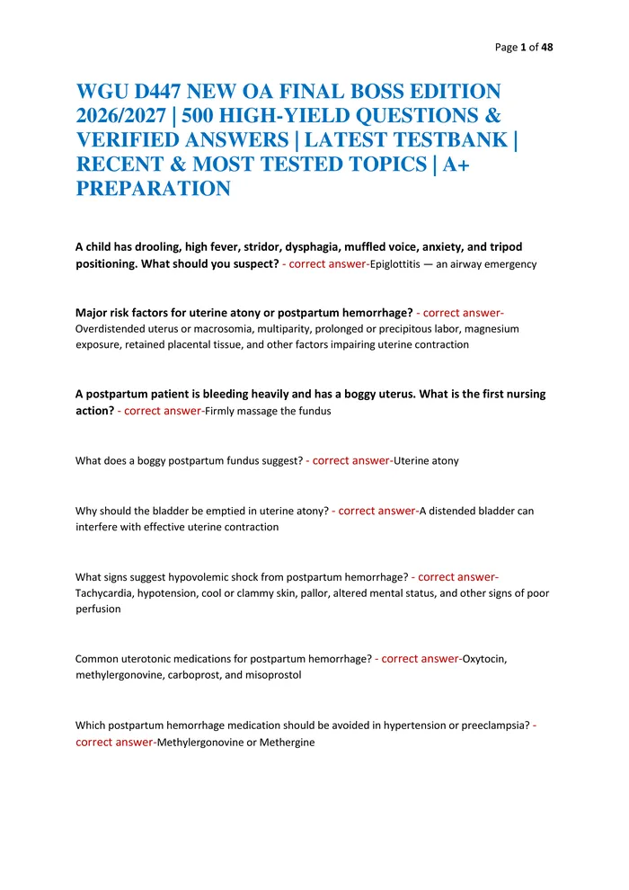 Preview of WGU D447 NEW OA FINAL BOSS EDITION 2026/2027 | 500 HIGH-YIELD QUESTIONS & VERIFIED ANSWERS | LATEST TESTBANK | RECENT &