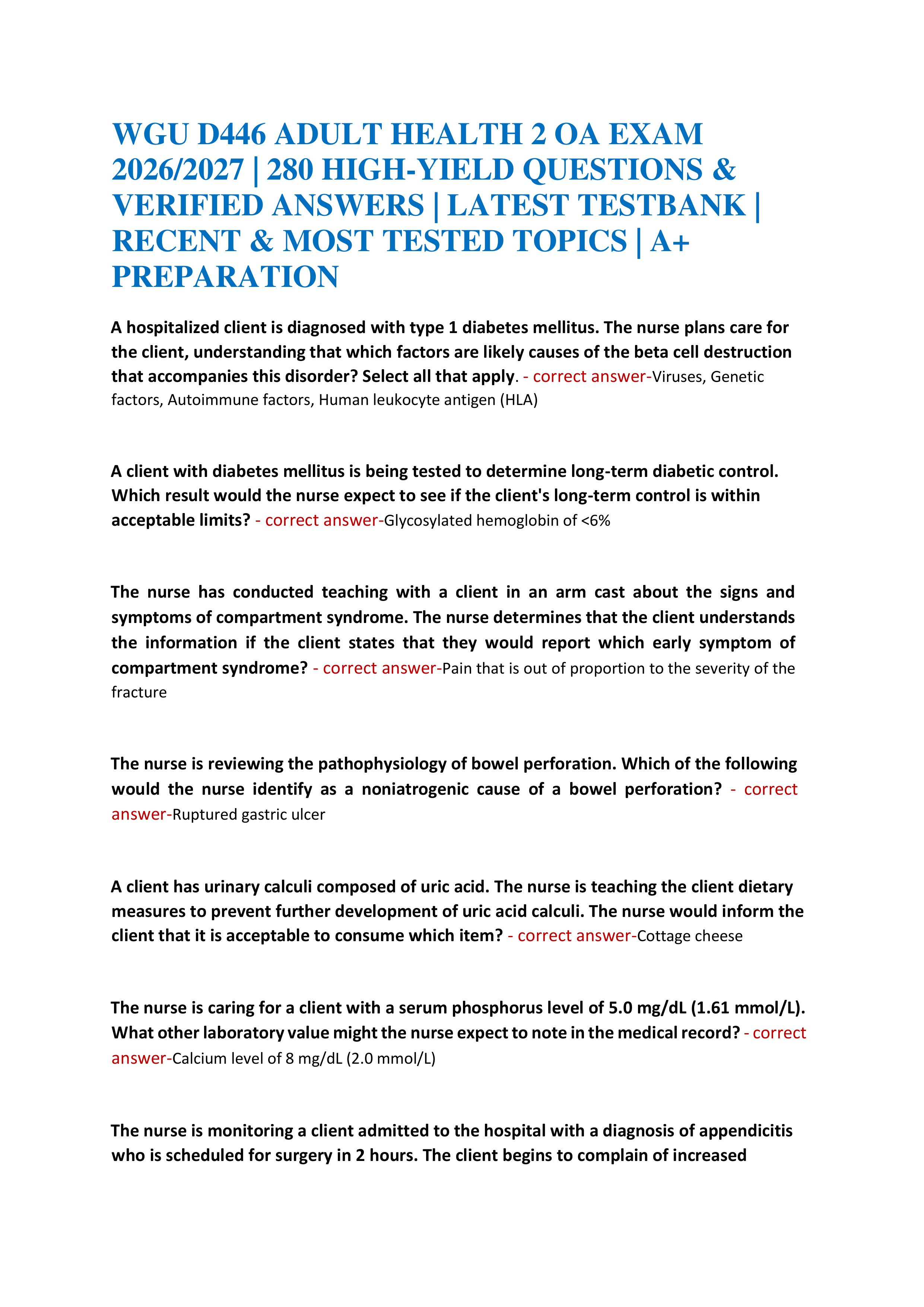 Preview of WGU D446 ADULT HEALTH 2 OA EXAM 2026/2027 | 280 HIGH-YIELD QUESTIONS & VERIFIED ANSWERS | LATEST TESTBANK | RECENT & MOS