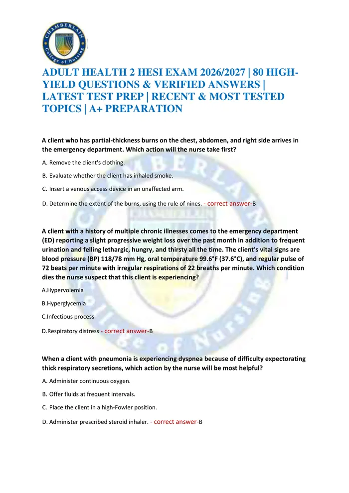 Preview of ADULT HEALTH 2 HESI EXAM 2026/2027 | 80 HIGH-YIELD QUESTIONS & VERIFIED ANSWERS | LATEST TEST PREP | RECENT & MOST TESTE