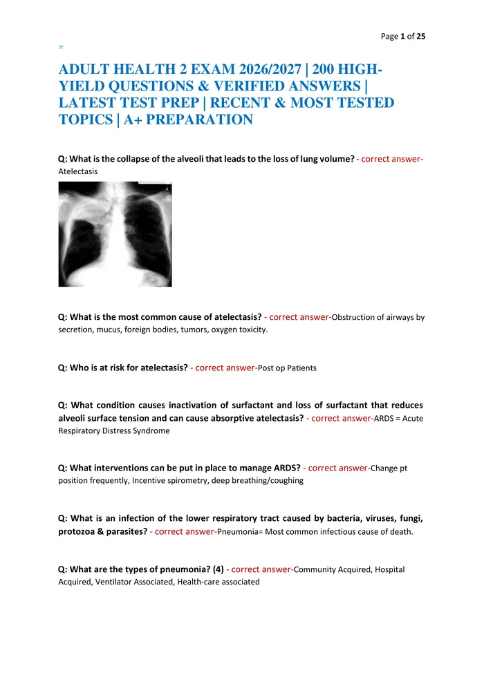 Preview of ADULT HEALTH 2 EXAM 2026/2027 | 200 HIGH-YIELD QUESTIONS & VERIFIED ANSWERS | LATEST TEST PREP | RECENT & MOST TESTED TO