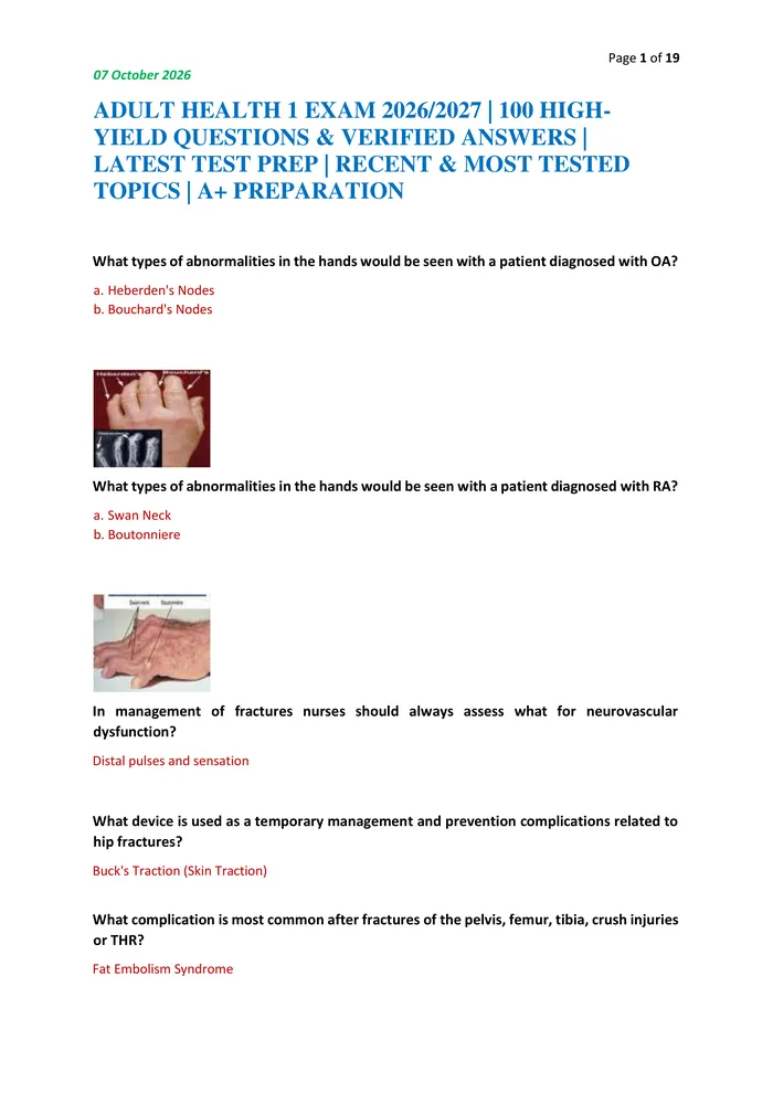 Preview of ADULT HEALTH 1 EXAM 2026/2027 | 100 HIGH-YIELD QUESTIONS & VERIFIED ANSWERS | LATEST TEST PREP | RECENT & MOST TESTED TO