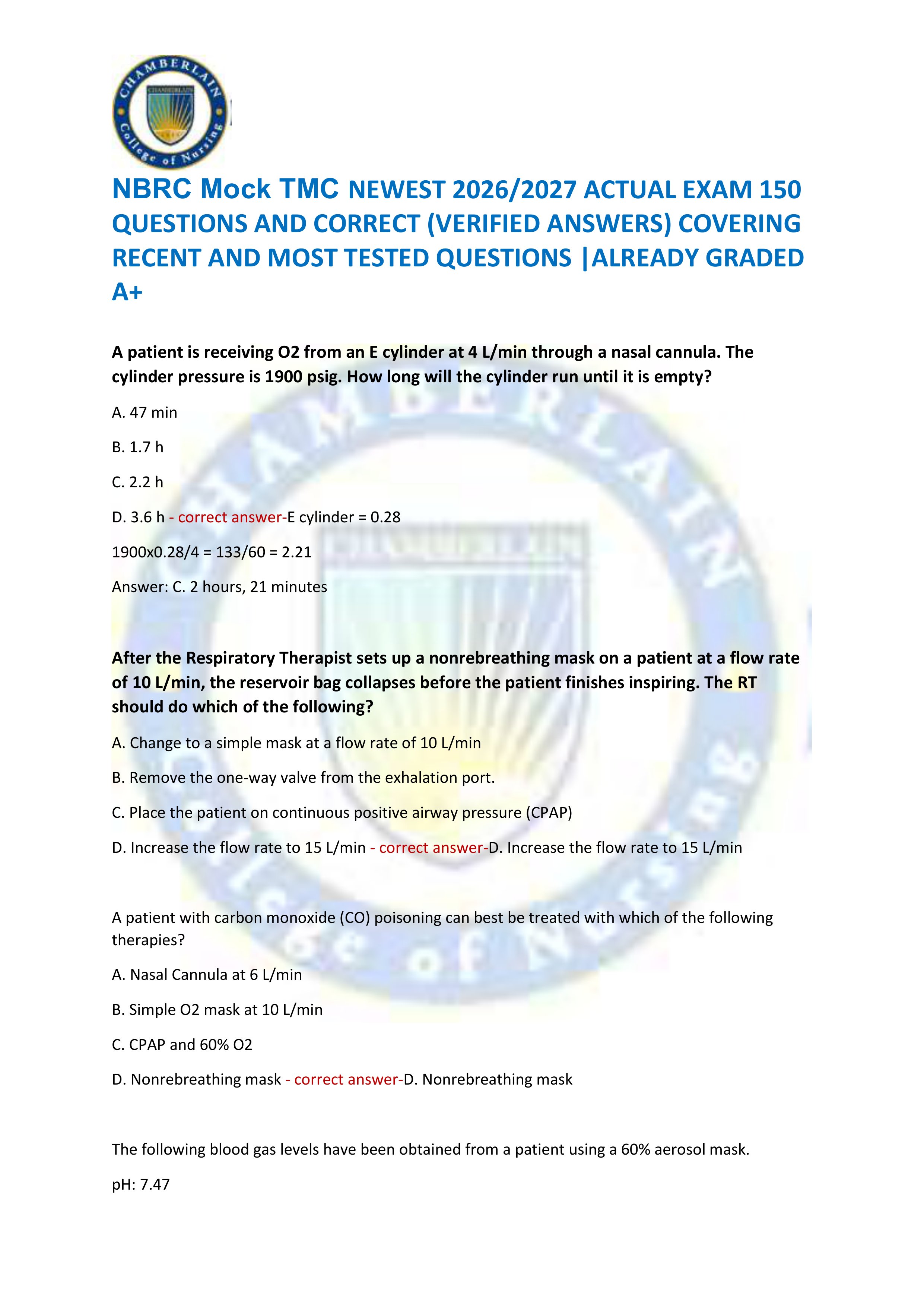 Preview of NBRC Mock TMC NEWEST 2026/2027 ACTUAL EXAM 150  QUESTIONS AND CORRECT (VERIFIED ANSWERS) COVERING  RECENT AND MOST TESTE