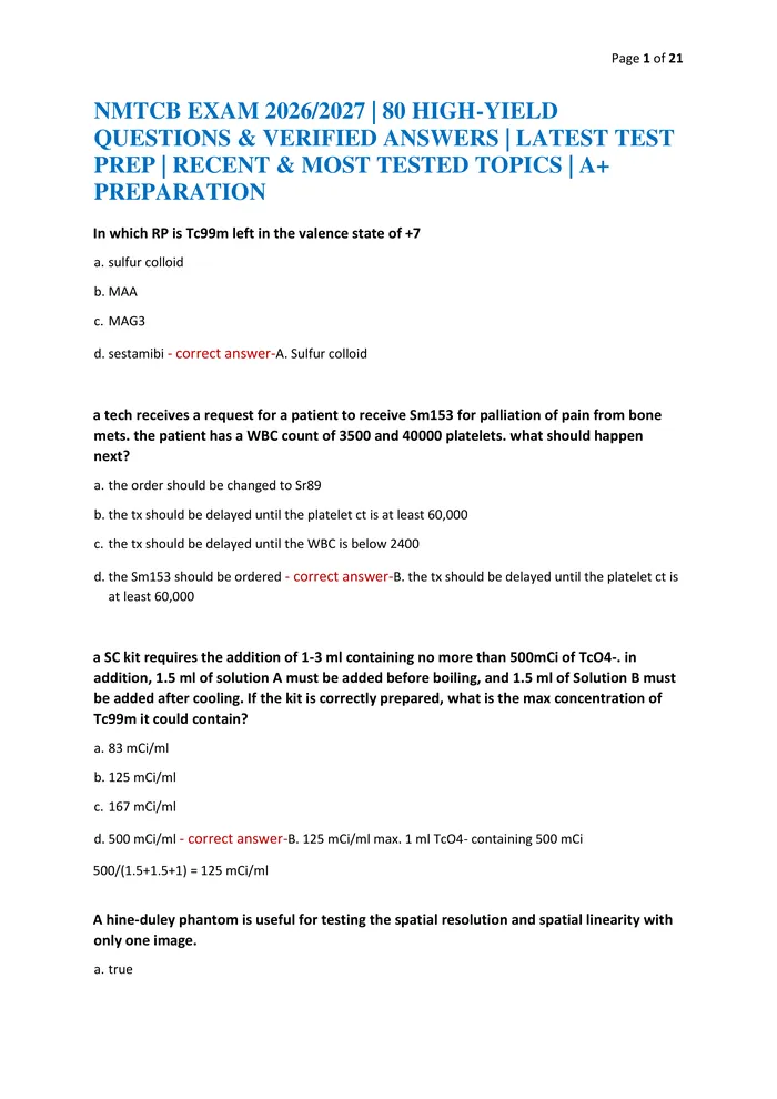 Preview of NMTCB EXAM 2026/2027 | 80 HIGH-YIELD QUESTIONS & VERIFIED ANSWERS | LATEST TEST PREP | RECENT & MOST TESTED TOPICS | A+