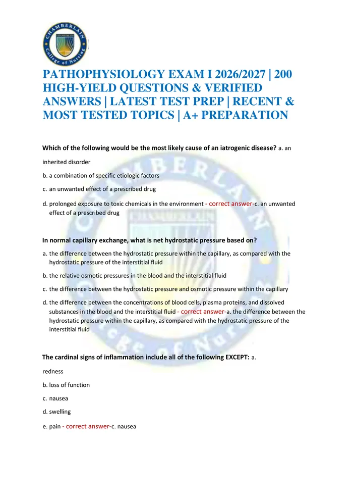 Preview of PATHOPHYSIOLOGY EXAM I 2026/2027 | 200 HIGH-YIELD QUESTIONS & VERIFIED ANSWERS | LATEST TEST PREP | RECENT & MOST TESTED