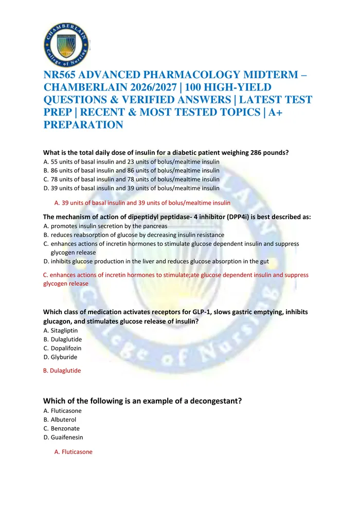 Preview of NR565 ADVANCED PHARMACOLOGY MIDTERM – CHAMBERLAIN 2026/2027 | 100 HIGH-YIELD QUESTIONS & VERIFIED ANSWERS | LATEST TEST