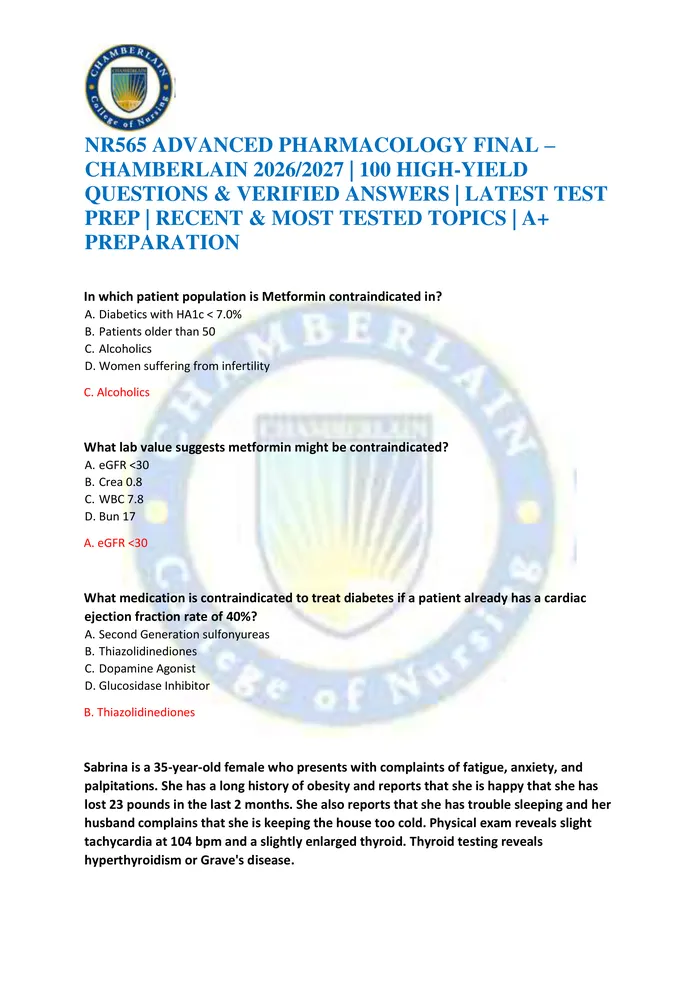 Preview of NR565 ADVANCED PHARMACOLOGY FINAL – CHAMBERLAIN 2026/2027 | 100 HIGH-YIELD QUESTIONS & VERIFIED ANSWERS | LATEST TEST PR