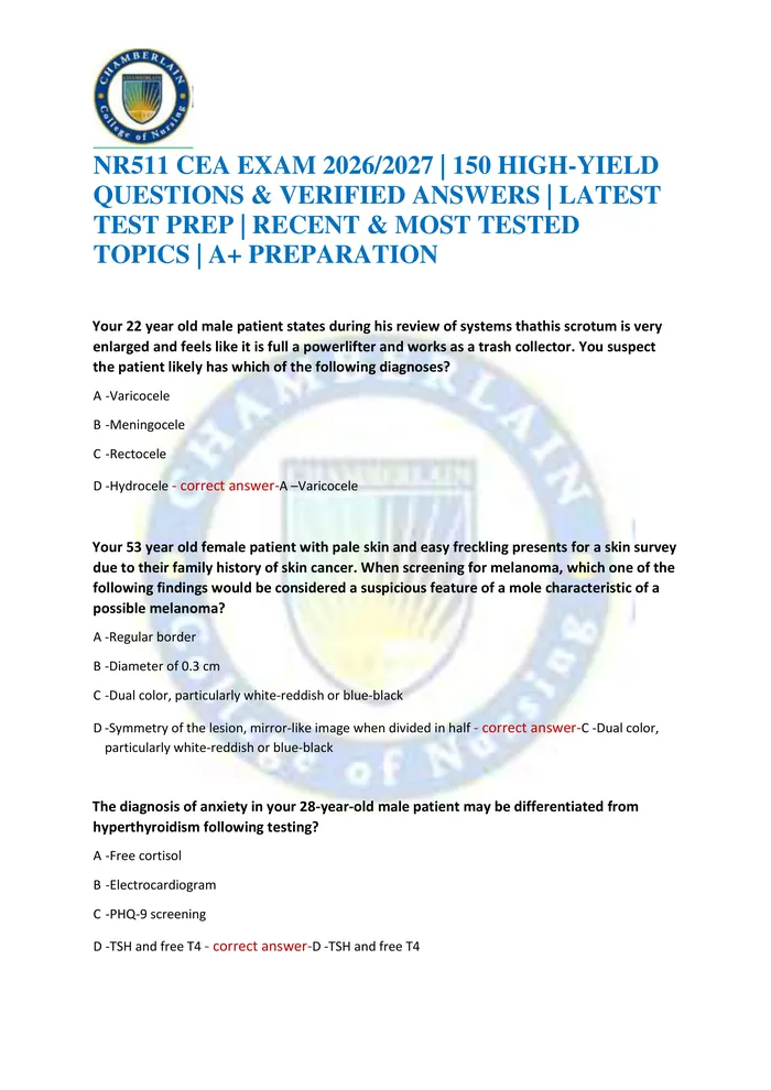 Preview of NR511 CEA EXAM 2026/2027 | 150 HIGH-YIELD QUESTIONS & VERIFIED ANSWERS | LATEST TEST PREP | RECENT & MOST TESTED TOPICS