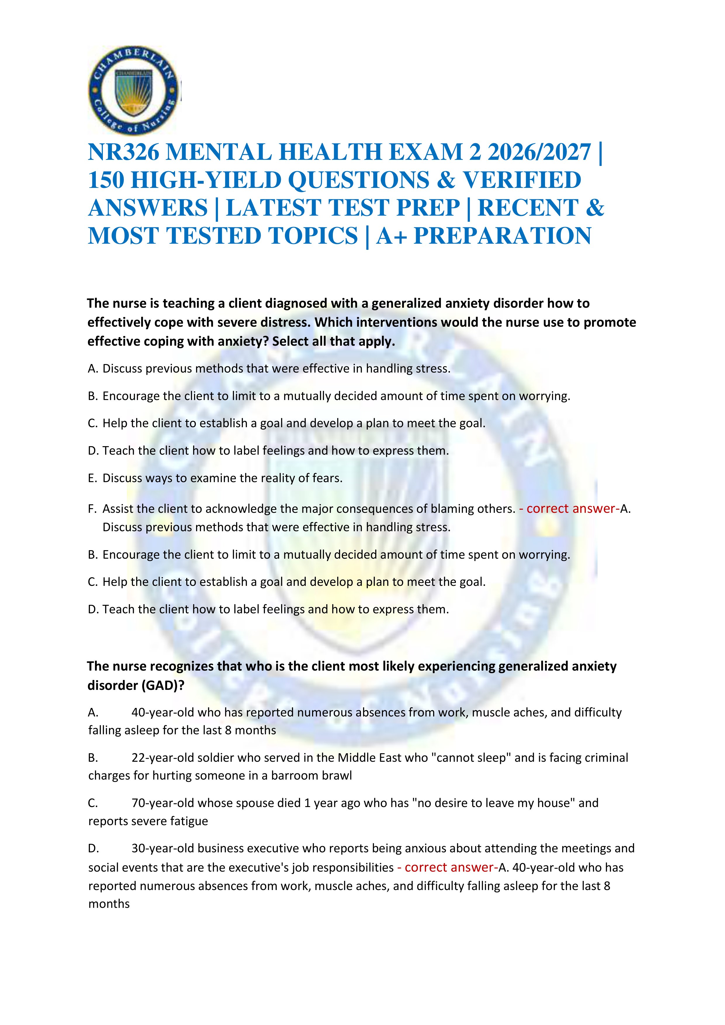 Preview of NR326 MENTAL HEALTH EXAM 2 2026/2027 | 150 HIGH-YIELD QUESTIONS & VERIFIED ANSWERS | LATEST TEST PREP | RECENT & MOST TE