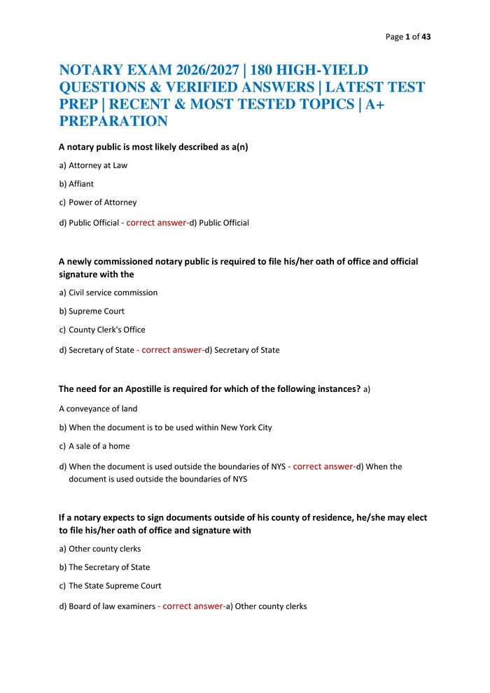 Preview of NOTARY EXAM 2026/2027 | 180 HIGH-YIELD QUESTIONS & VERIFIED ANSWERS | LATEST TEST PREP | RECENT & MOST TESTED TOPICS | A