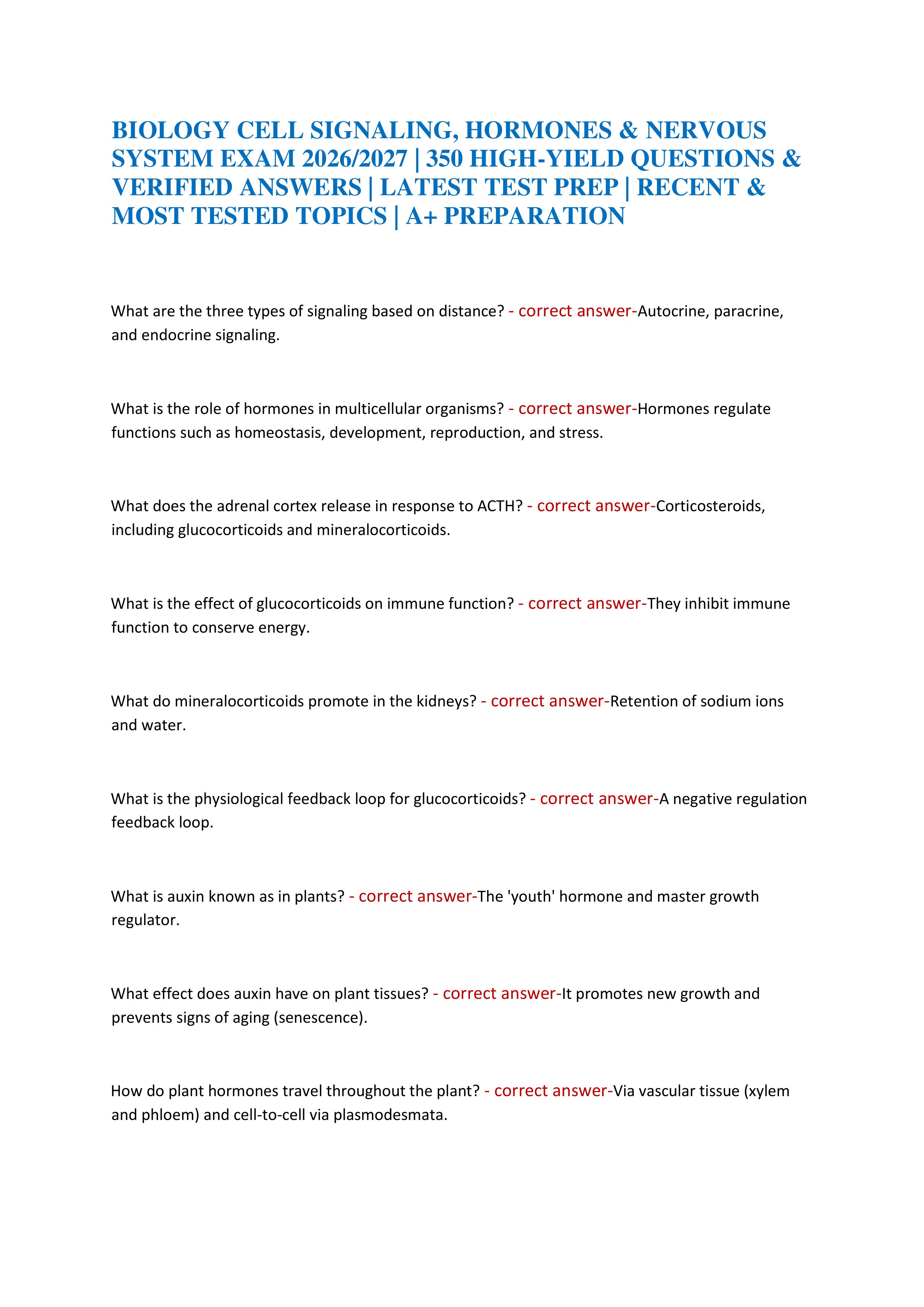 Preview of BIOLOGY CELL SIGNALING, HORMONES & NERVOUS SYSTEM EXAM 2026/2027 | 350 HIGH-YIELD QUESTIONS & VERIFIED ANSWERS | LATEST