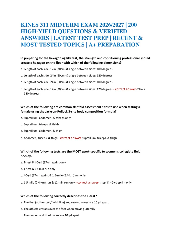 Preview of KINES 311 MIDTERM EXAM 2026/2027 | 200 HIGH-YIELD QUESTIONS & VERIFIED ANSWERS | LATEST TEST PREP | RECENT & MOST TESTED