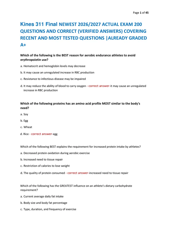 Preview of Kines 311 Final NEWEST 2026/2027 ACTUAL EXAM 200  QUESTIONS AND CORRECT (VERIFIED ANSWERS) COVERING  RECENT AND MOST TES