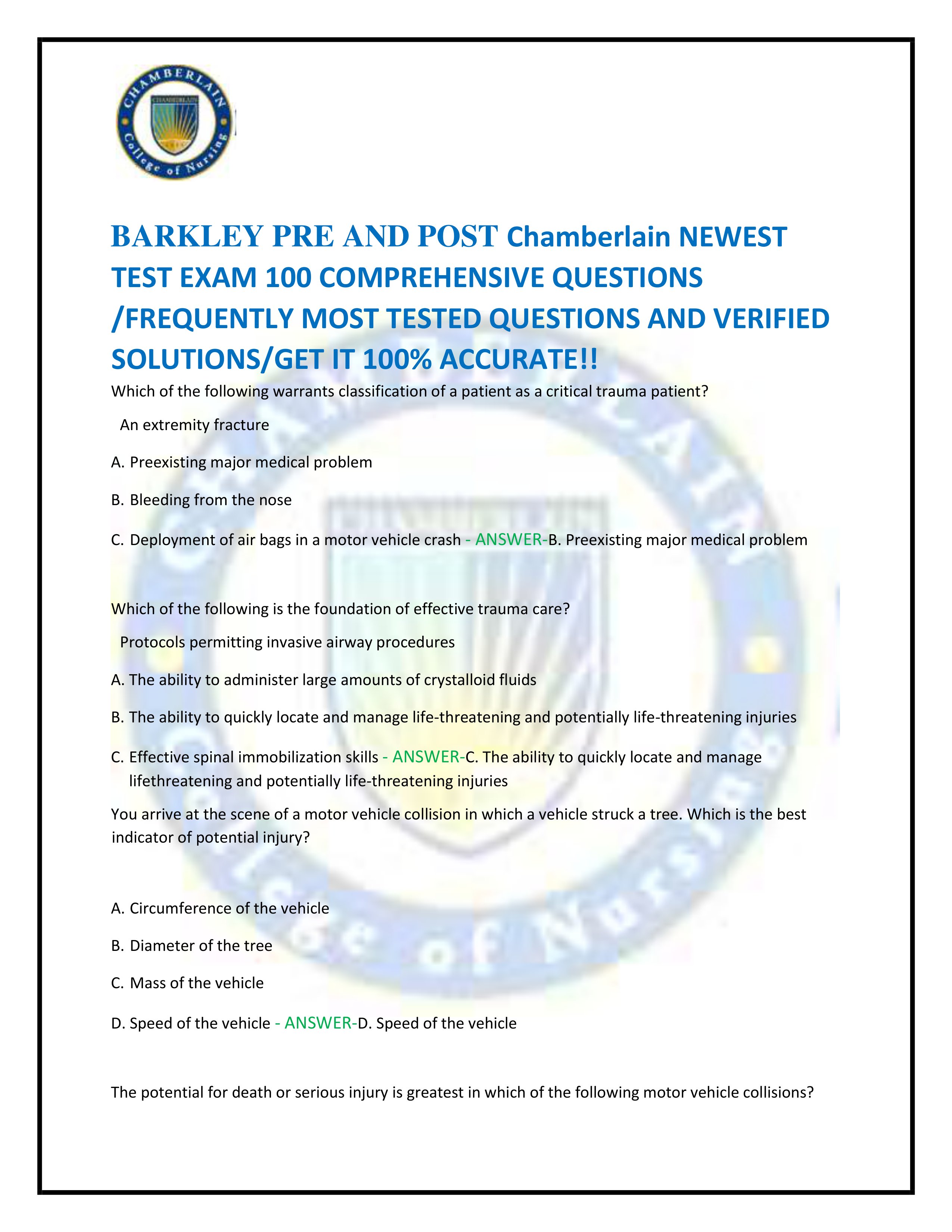Preview of BARKLEY PRE AND POST Chamberlain NEWEST  TEST EXAM 100 COMPREHENSIVE QUESTIONS  /FREQUENTLY MOST TESTED QUESTIONS AND VE