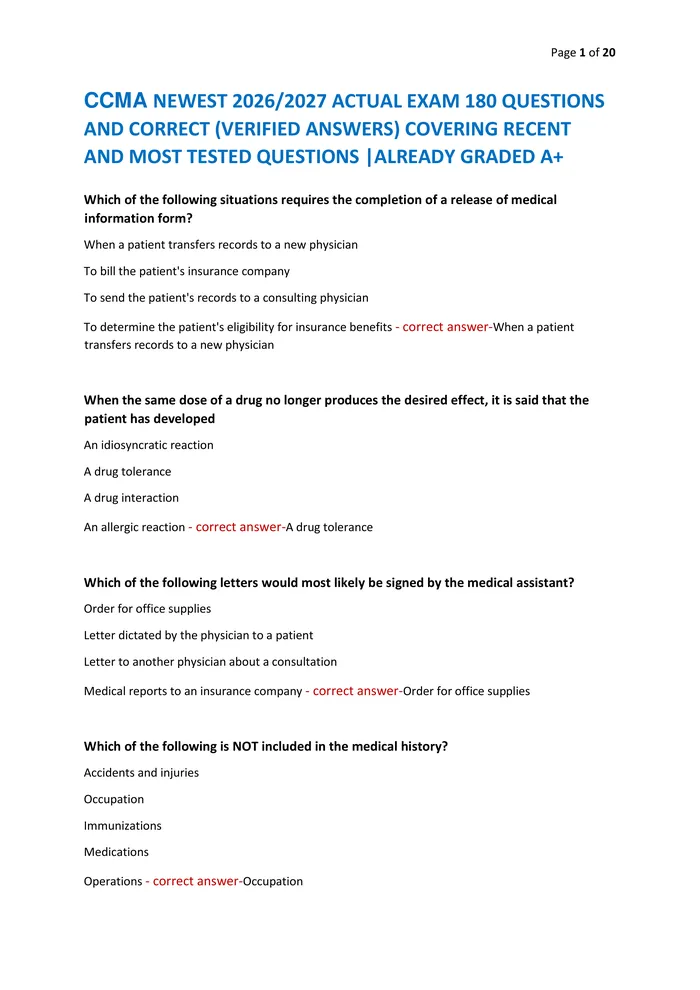 Preview of CCMA NEWEST 2026/2027 ACTUAL EXAM 180 QUESTIONS  AND CORRECT (VERIFIED ANSWERS) COVERING RECENT  AND MOST TESTED QUESTIO