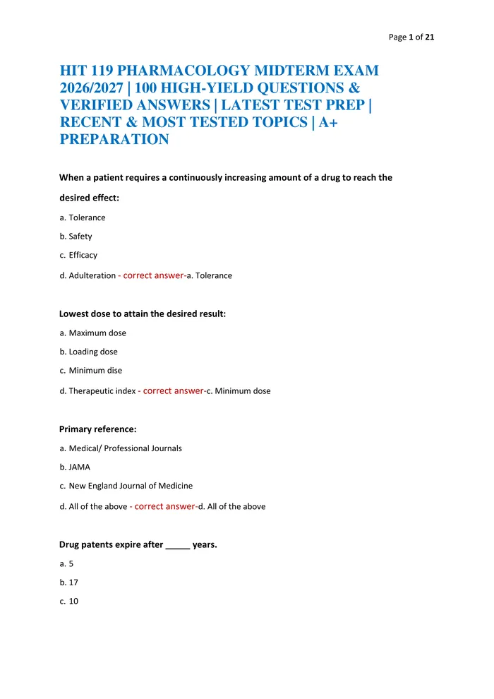 Preview of HIT 119 PHARMACOLOGY MIDTERM EXAM 2026/2027 | 100 HIGH-YIELD QUESTIONS & VERIFIED ANSWERS | LATEST TEST PREP | RECENT &