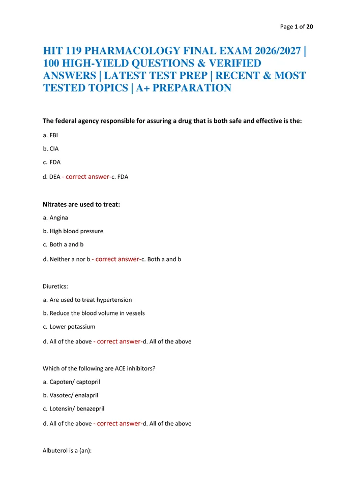 Preview of HIT 119 PHARMACOLOGY FINAL EXAM 2026/2027 | 100 HIGH-YIELD QUESTIONS & VERIFIED ANSWERS | LATEST TEST PREP | RECENT & MO