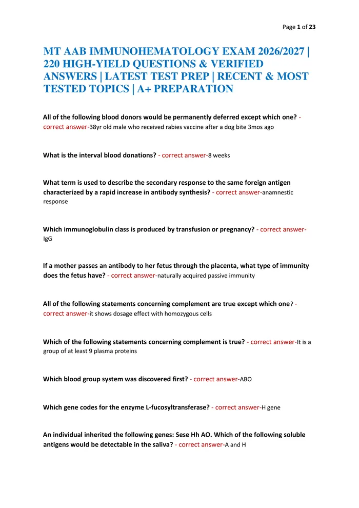 Preview of MT AAB IMMUNOHEMATOLOGY EXAM 2026/2027 | 220 HIGH-YIELD QUESTIONS & VERIFIED ANSWERS | LATEST TEST PREP | RECENT & MOST