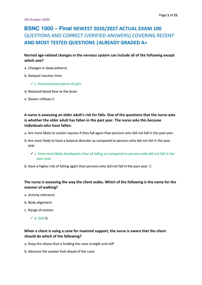 Preview of BSNC 1000 – Final NEWEST 2026/2027 ACTUAL EXAM 100 QUESTIONS AND CORRECT (VERIFIED ANSWERS) COVERING RECENT  AND MOST TE