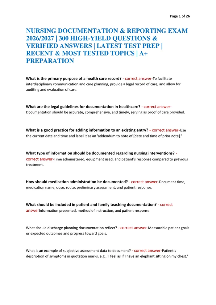 Preview of NURSING DOCUMENTATION & REPORTING EXAM 2026/2027 | 300 HIGH-YIELD QUESTIONS & VERIFIED ANSWERS | LATEST TEST PREP | RECE