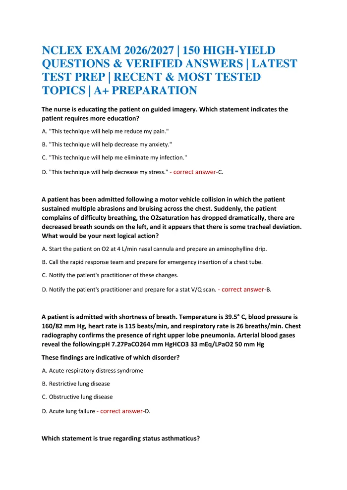 Preview of NCLEX EXAM 2026/2027 | 150 HIGH-YIELD QUESTIONS & VERIFIED ANSWERS | LATEST TEST PREP | RECENT & MOST TESTED TOPICS | A+