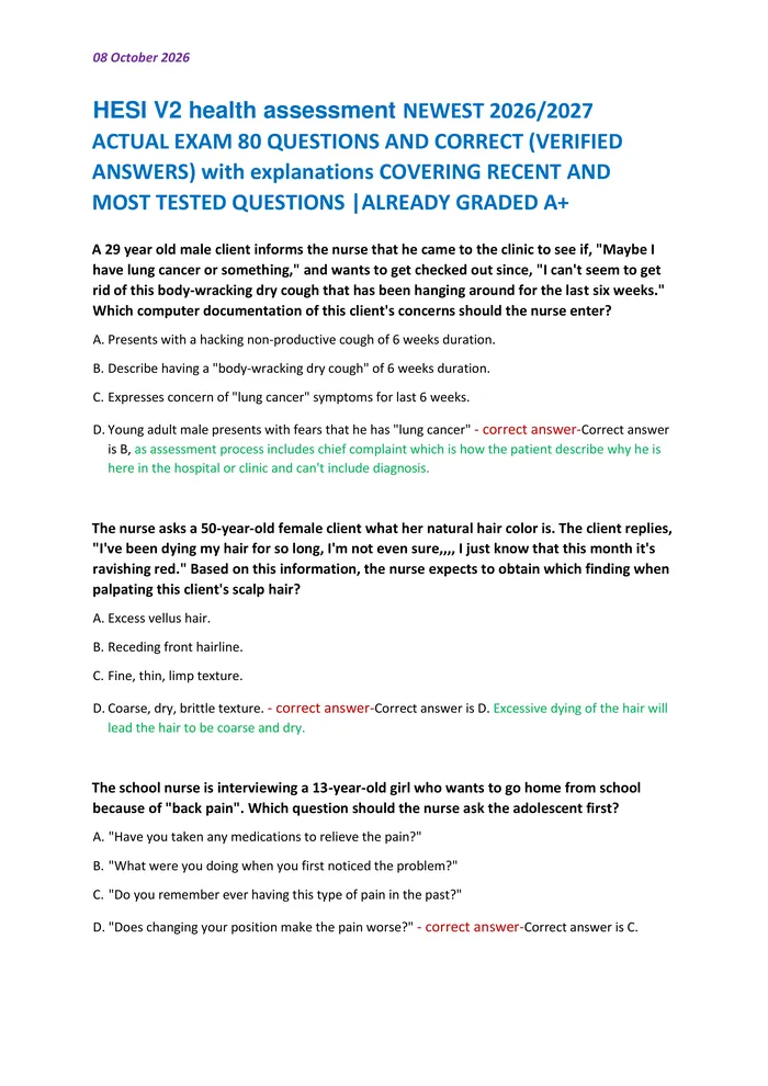 Preview of HESI V2 health assessment NEWEST 2026/2027  ACTUAL EXAM 80 QUESTIONS AND CORRECT (VERIFIED  ANSWERS) with explanations C