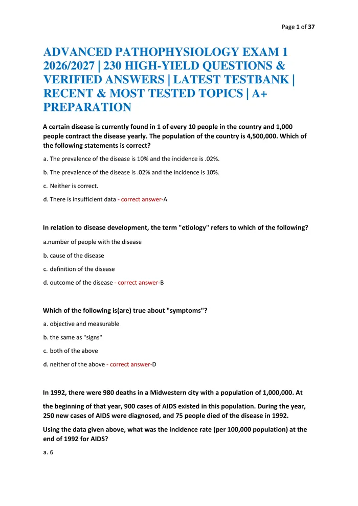 Preview of ADVANCED PATHOPHYSIOLOGY EXAM 1 2026/2027 | 230 HIGH-YIELD QUESTIONS & VERIFIED ANSWERS | LATEST TESTBANK | RECENT & MOS