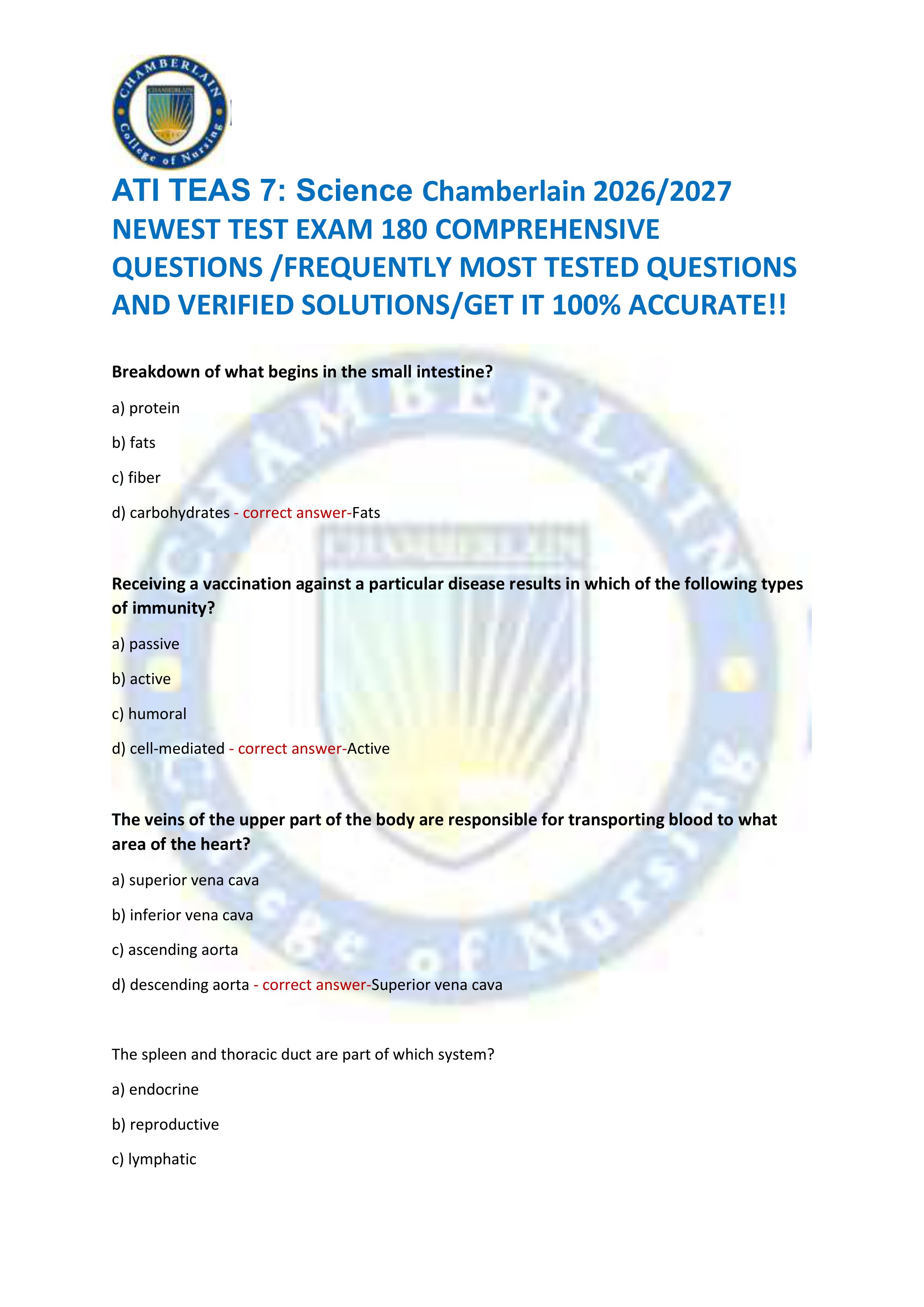 Preview of ATI TEAS 7: Science Chamberlain 2026/2027  NEWEST TEST EXAM 180 COMPREHENSIVE  QUESTIONS /FREQUENTLY MOST TESTED QUESTIO