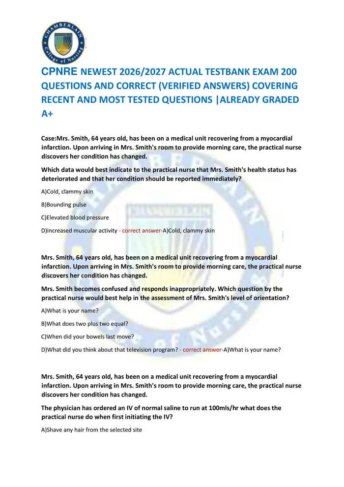 Preview of CPNRE NEWEST 2026/2027 ACTUAL TESTBANK EXAM 200  QUESTIONS AND CORRECT (VERIFIED ANSWERS) COVERING  RECENT AND MOST TEST