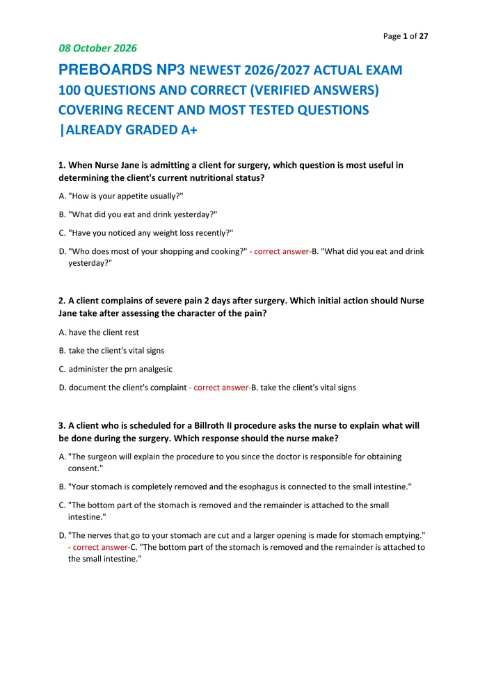 Preview of PREBOARDS NP3 NEWEST 2026/2027 ACTUAL EXAM  100 QUESTIONS AND CORRECT (VERIFIED ANSWERS)  COVERING RECENT AND MOST TESTE