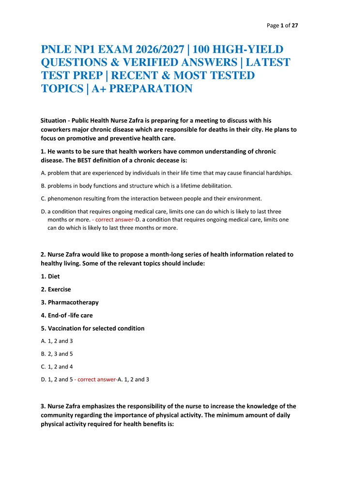 Preview of PNLE NP1 EXAM 2026/2027 | 100 HIGH-YIELD QUESTIONS & VERIFIED ANSWERS | LATEST TEST PREP | RECENT & MOST TESTED TOPICS |