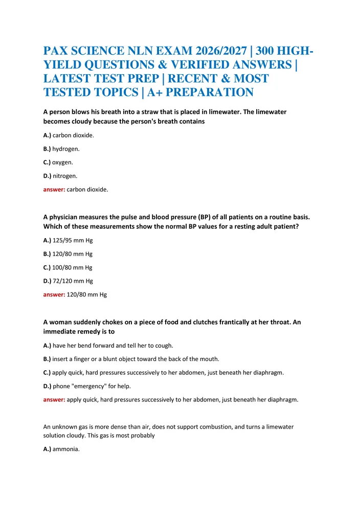 Preview of PAX SCIENCE NLN EXAM 2026/2027 | 300 HIGHYIELD QUESTIONS & VERIFIED ANSWERS | LATEST TEST PREP | RECENT & MOST TESTED TO