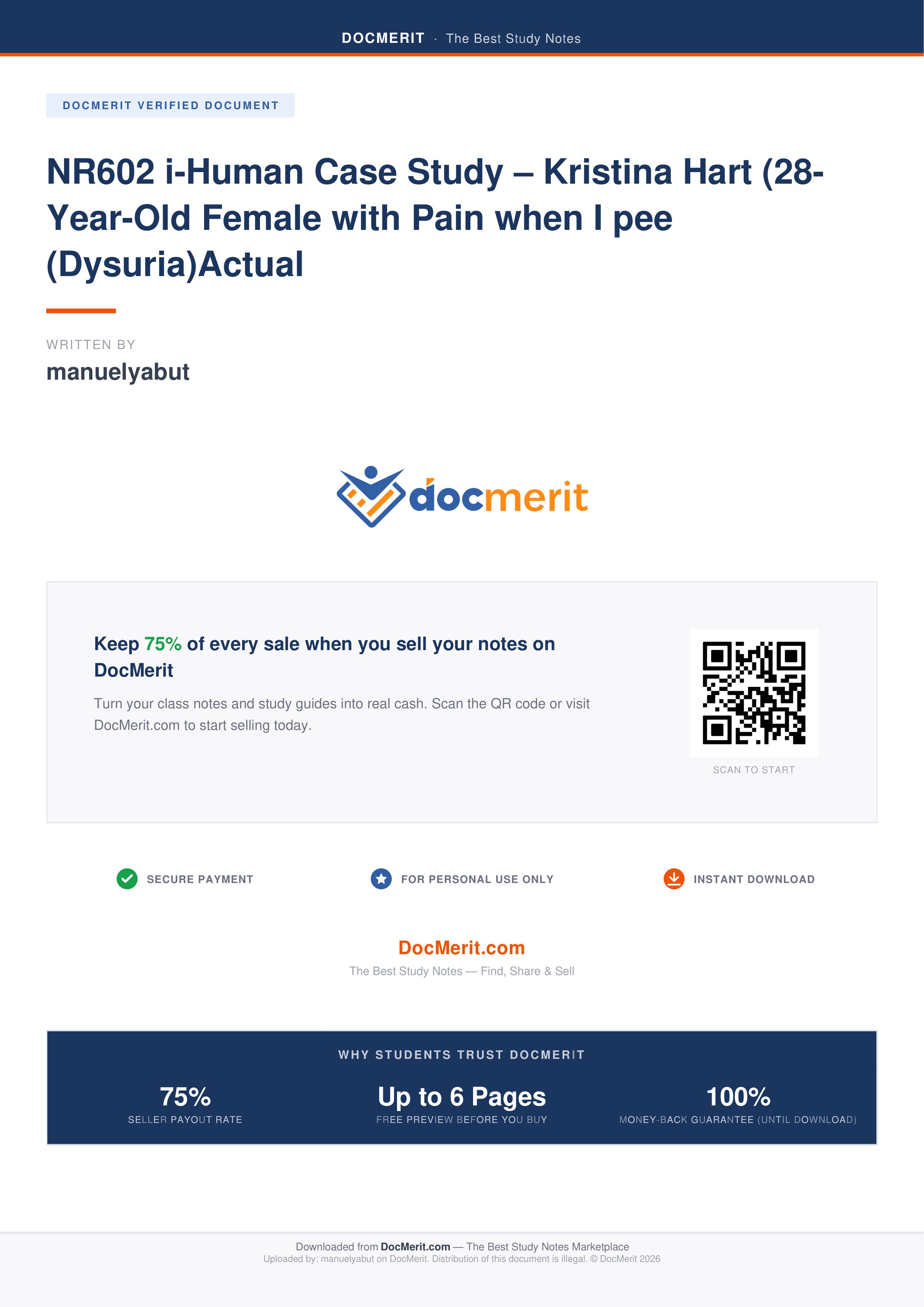 Preview of NR602 i-Human Case Study – Kristina  Hart (28-Year-Old Female with Pain  when I pee (Dysuria)Actual Screenshot.
