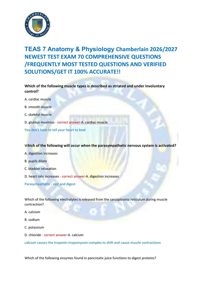 Preview of TEAS 7 Anatomy & Physiology Chamberlain 2026/2027  NEWEST TEST EXAM 70 COMPREHENSIVE QUESTIONS  /FREQUENTLY MOST TESTED